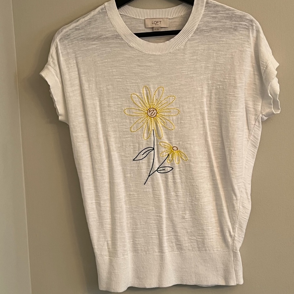 LOFT White Cap Sleeve Sweater with Yellow Daisy Embroidery